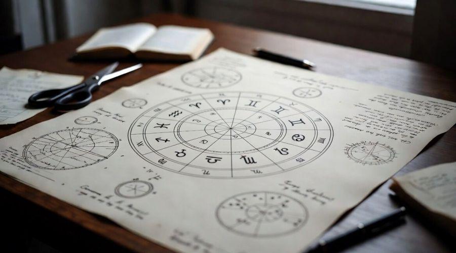 Astrology study desk with hand-drawn charts and notes
