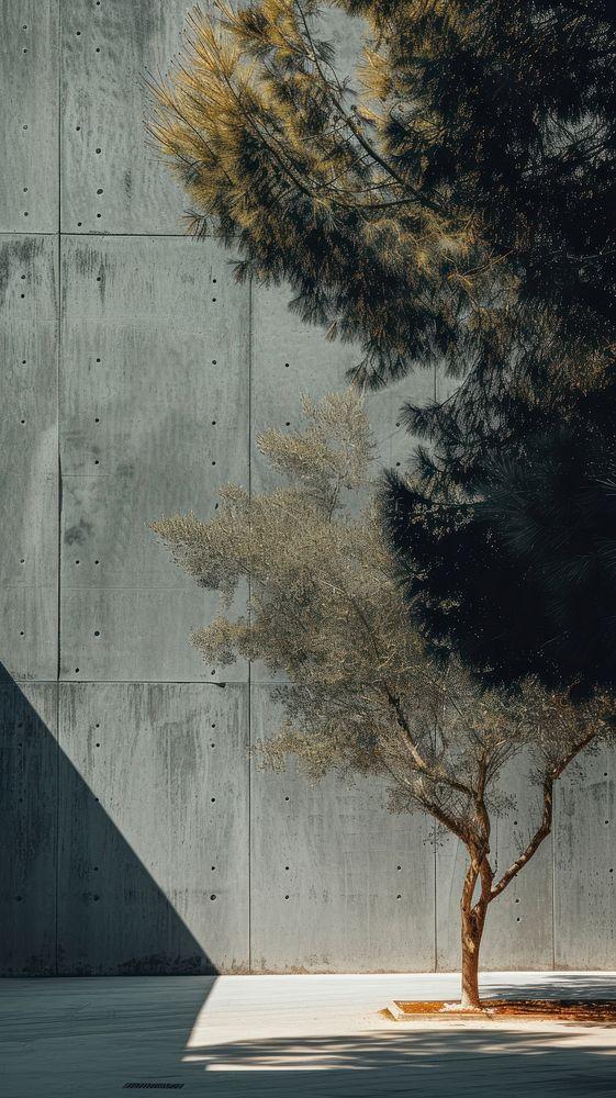 A solitary tree against a concrete architectural wall