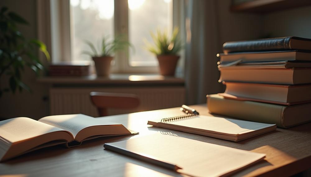 Warmly lit study desk with open books, notebook and stacked books